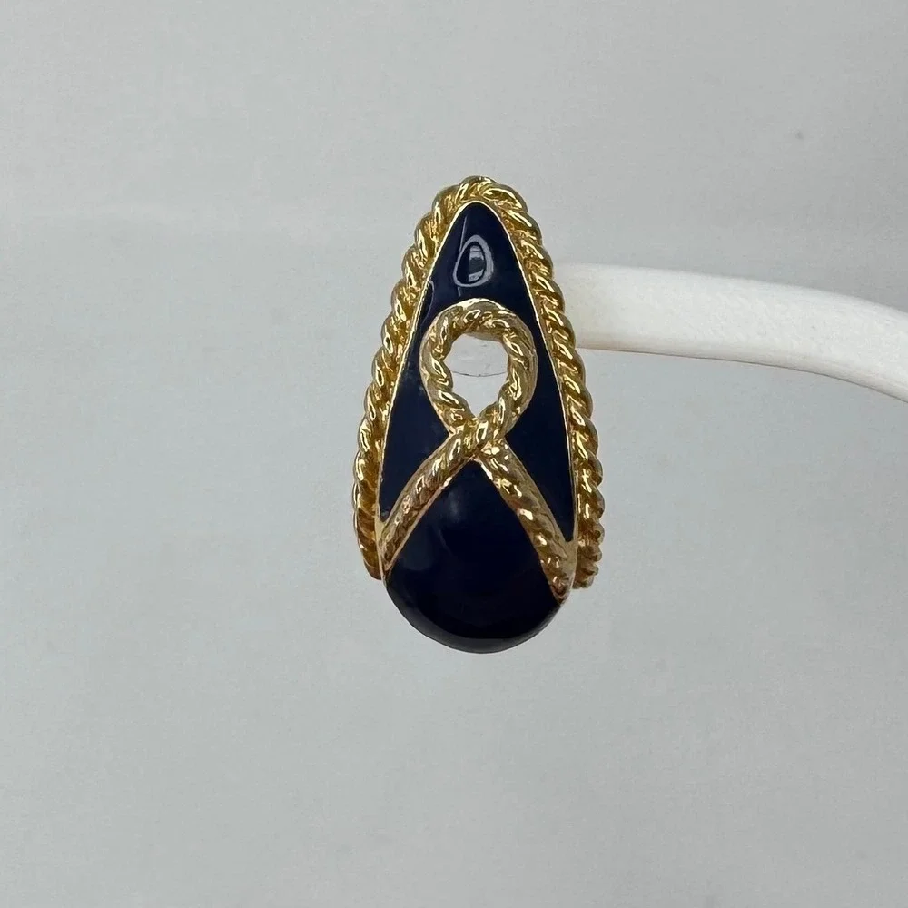 Vintage Trifari Navy Blue Enamel Gold Tone Rope Teardrop Nautical Post Earrings